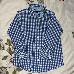 Tommy Hilfiger, boy size 5. Long sleeve white with blue squares.